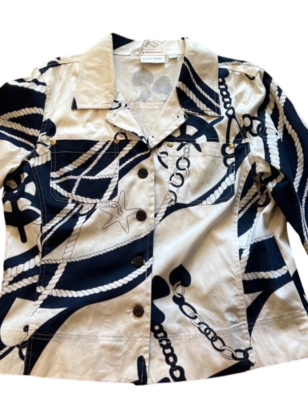 Erin London blue white nautical stretch jacket top Women M